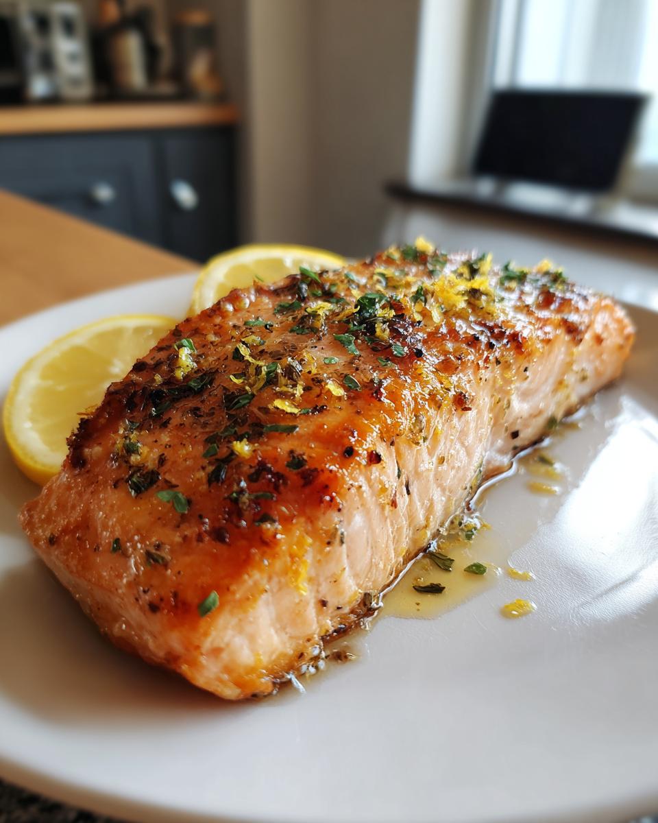 Close-up of a perfectly cooked salmon fillet garnished with herbs and lemon slices on a white plate.