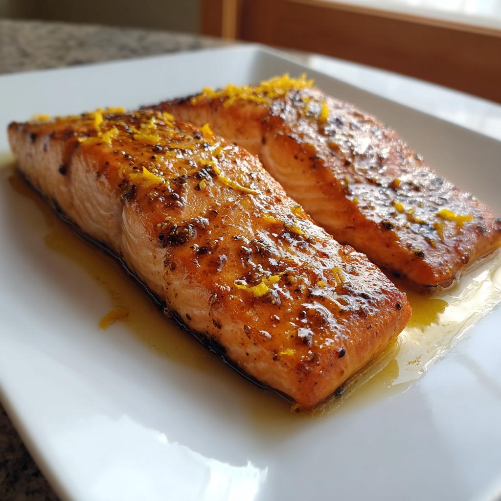 Two golden-brown salmon fillets garnished with lemon zest on a white plate.