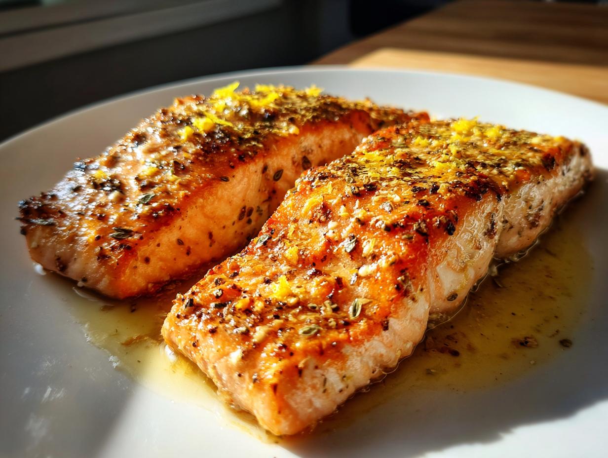 Two pieces of seasoned salmon fillets cooked to golden brown with herbs and lemon zest