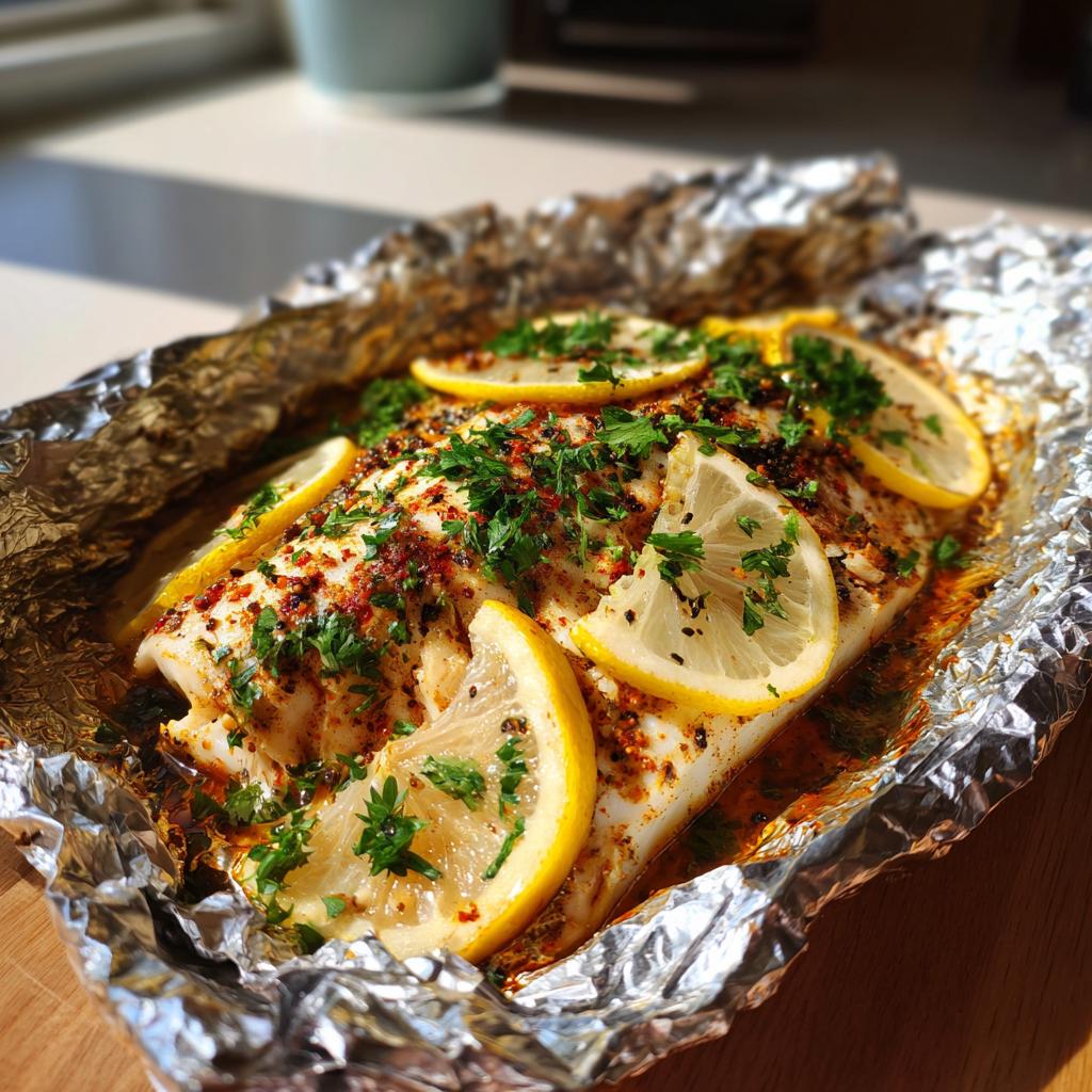 Fresh fish baked in foil for iftar topped with lemon slices and chopped herbs.