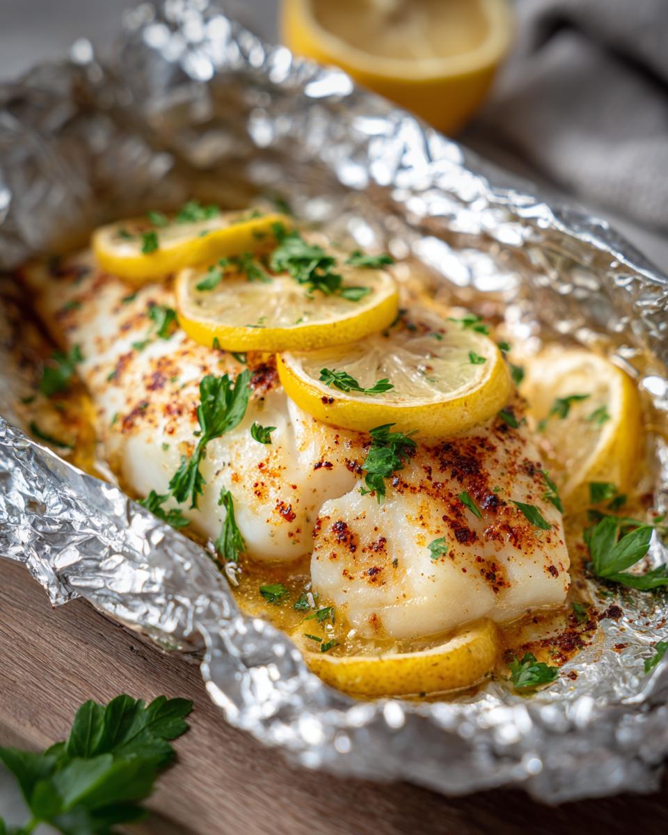Fish baked in foil for iftar topped with lemon slices and fresh parsley on a wooden surface.