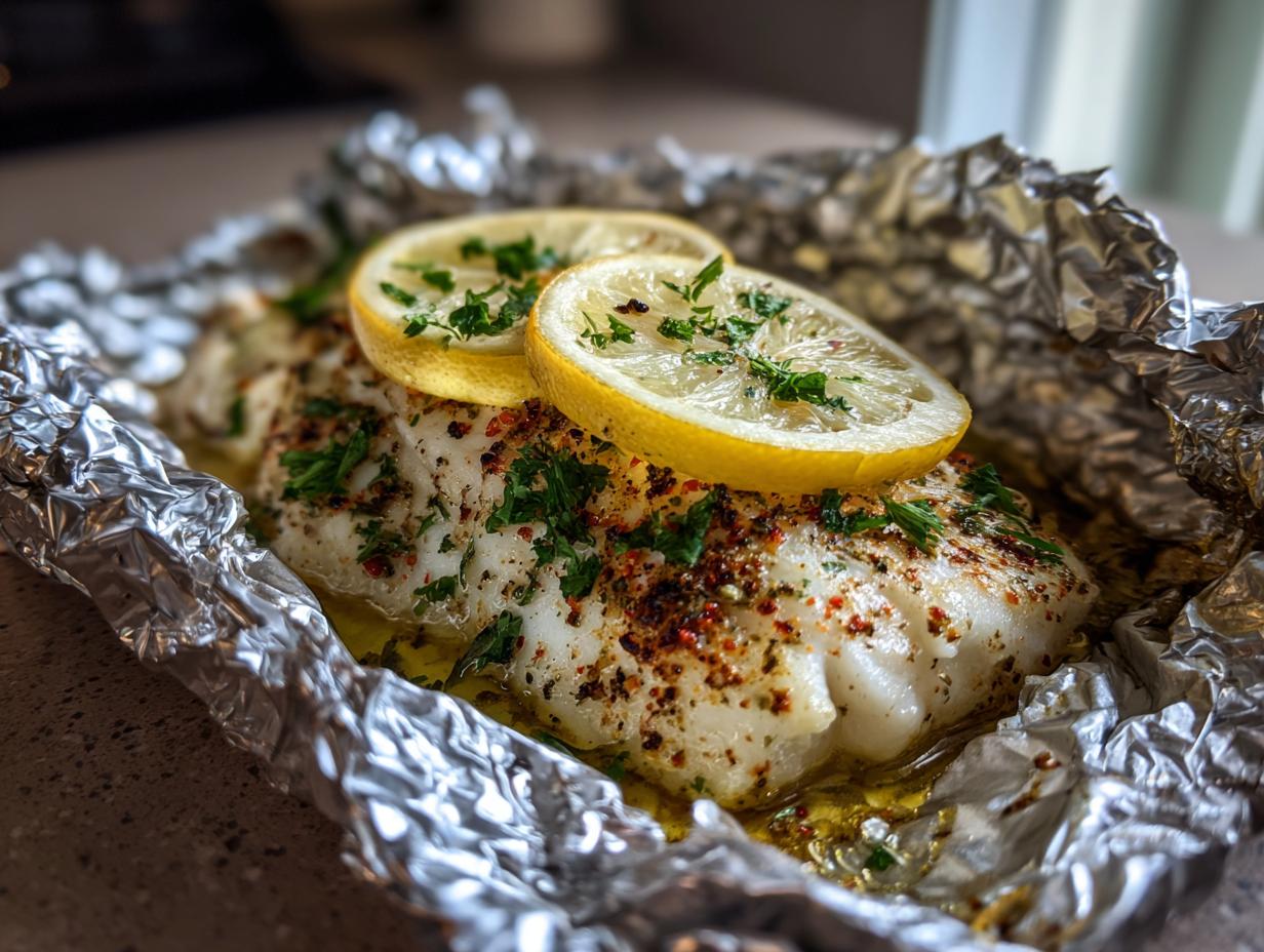Seasoned fish baked in foil topped with lemon slices and fresh herbs for iftar.
