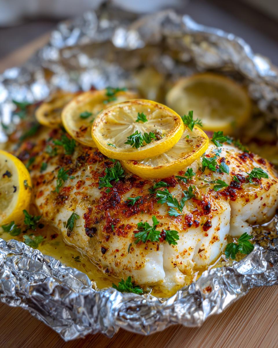 Close-up of fish baked in foil for iftar topped with lemon slices and fresh herbs.