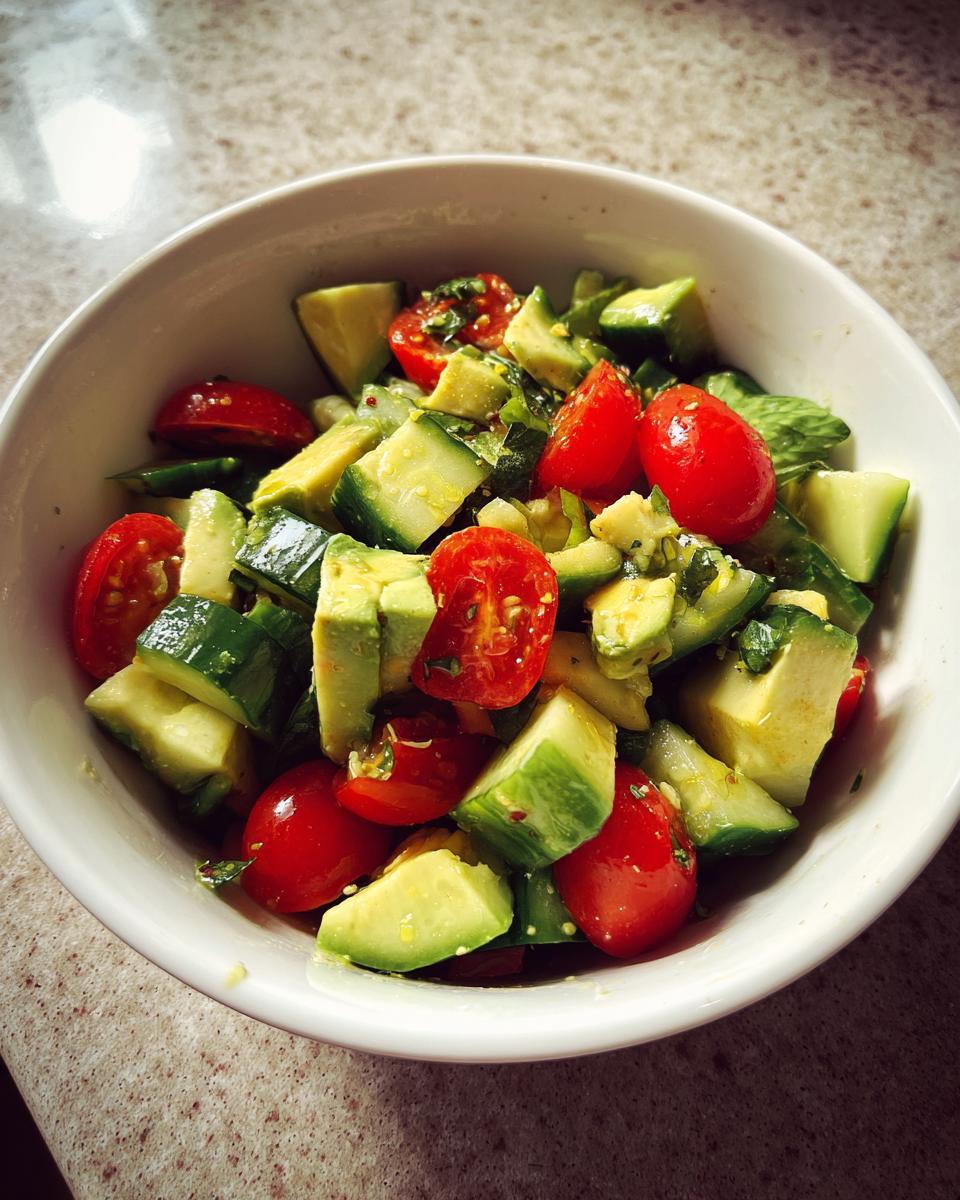 Bowl of fresh cucumber and cherry tomato salad with herbs, perfect for easy lunch recipes.