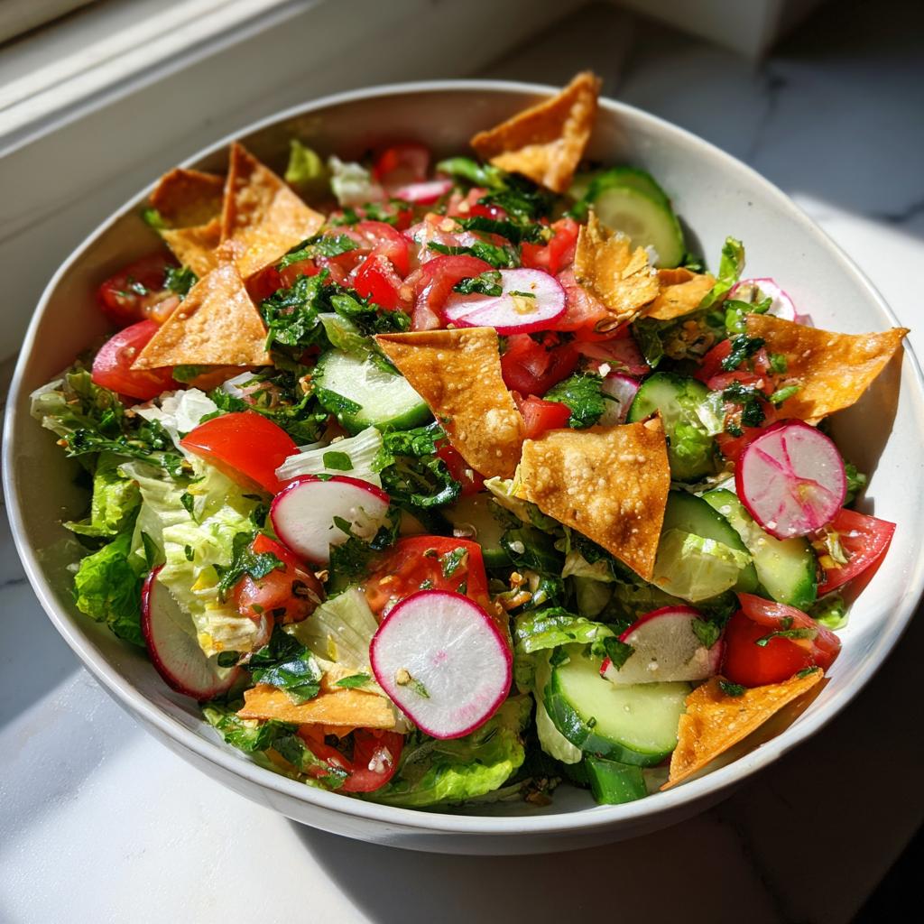 Bowl of fresh fattoush salad for iftar with cucumbers, radishes, tomatoes, greens, and crispy pita chips