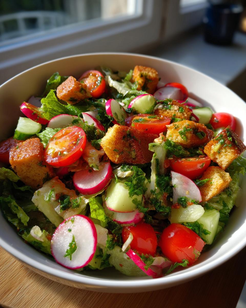 Bowl of fattoush salad for iftar with lettuce, radishes, cherry tomatoes, cucumbers, and crispy bread cubes