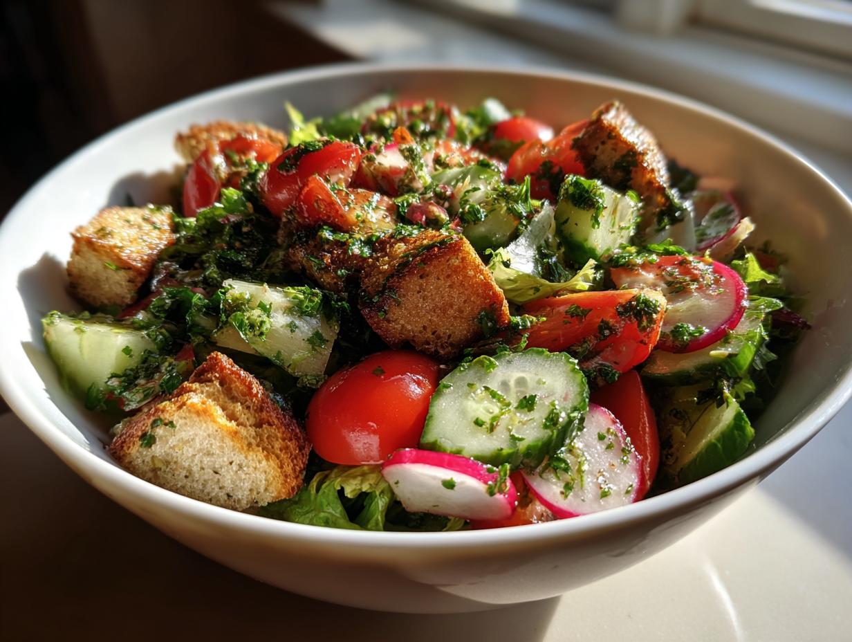 Close-up of a fresh fattoush salad for iftar with cucumbers, tomatoes, radishes, and toasted bread cubes.