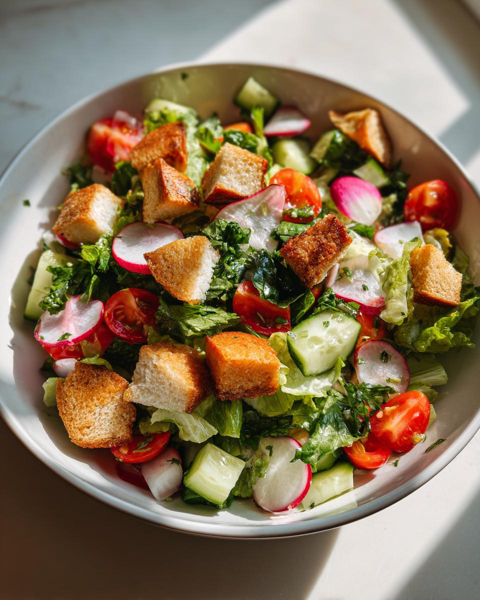 Bowl of fattoush salad for iftar with fresh vegetables and toasted bread cubes