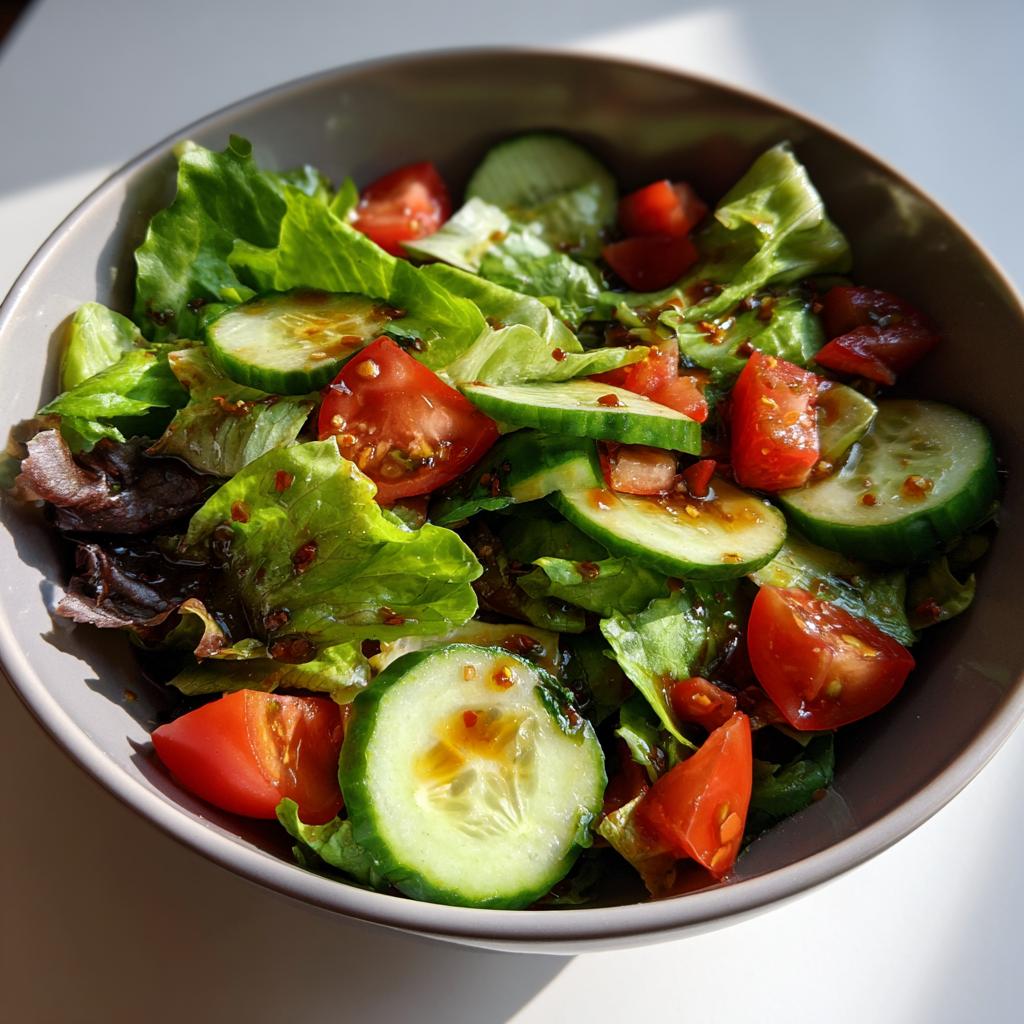 Bowl of fresh salad with lettuce, cucumber slices, tomato chunks, and dressing, showcasing easy salad recipes