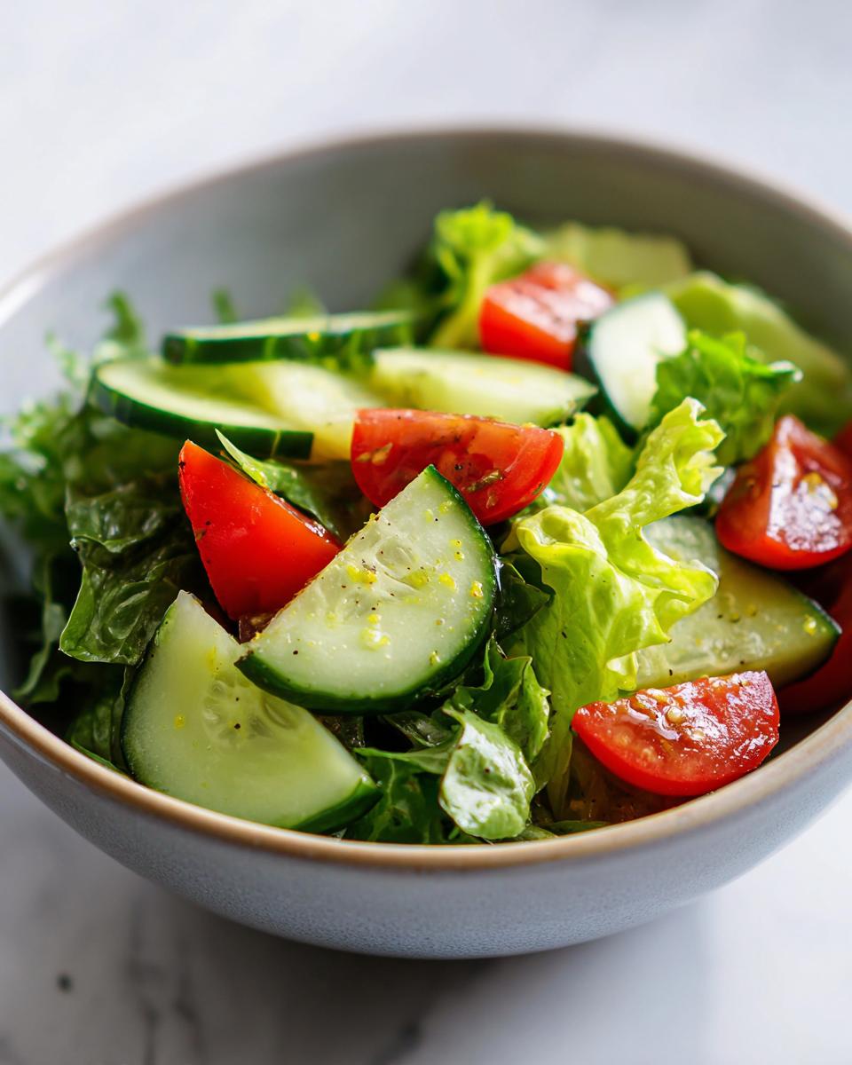 Bowl of fresh garden salad with cucumbers, tomatoes, and leafy greens, perfect for easy salad recipes.