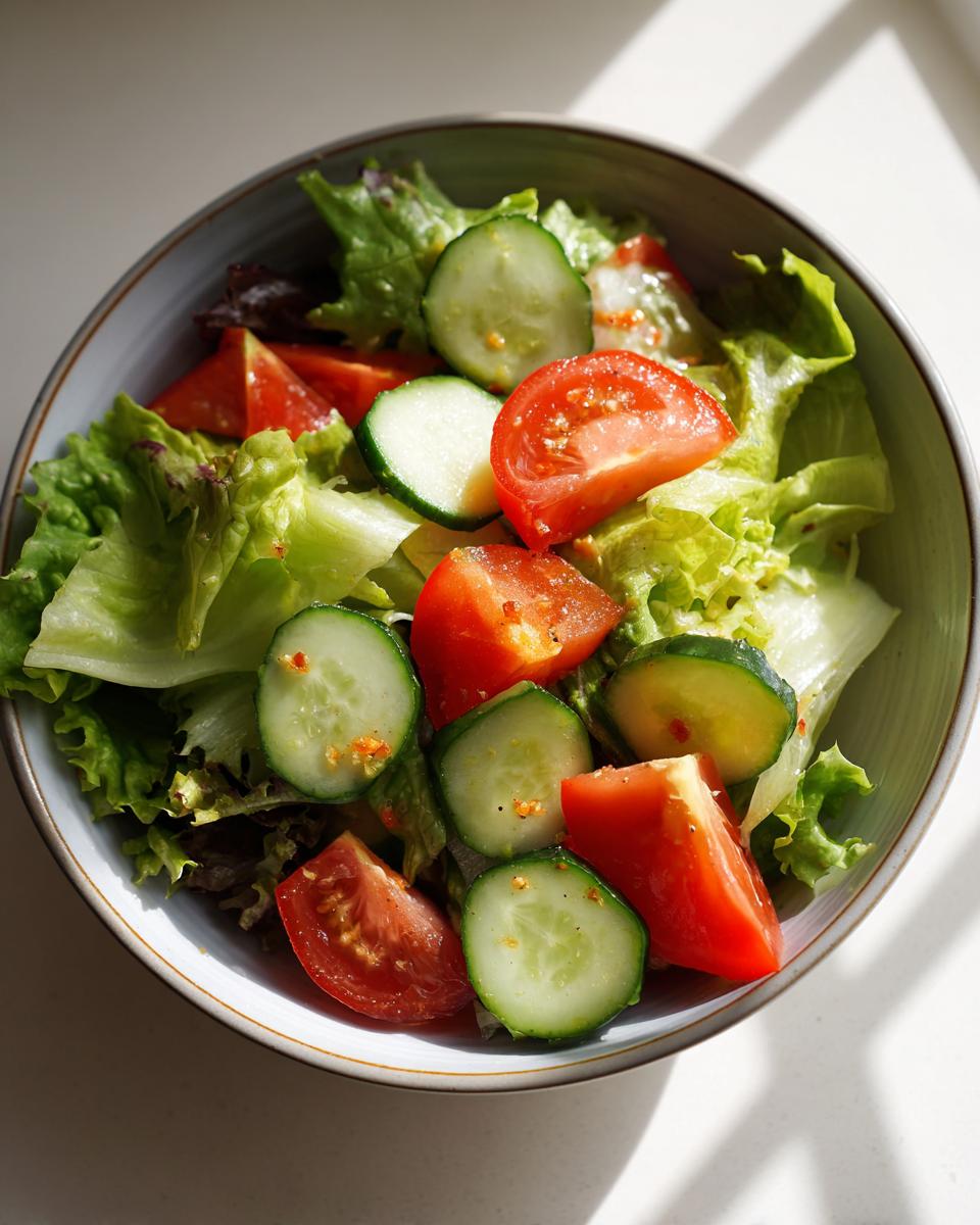 Bowl of fresh salad with lettuce, cucumber slices, and tomato wedges for easy salad recipes
