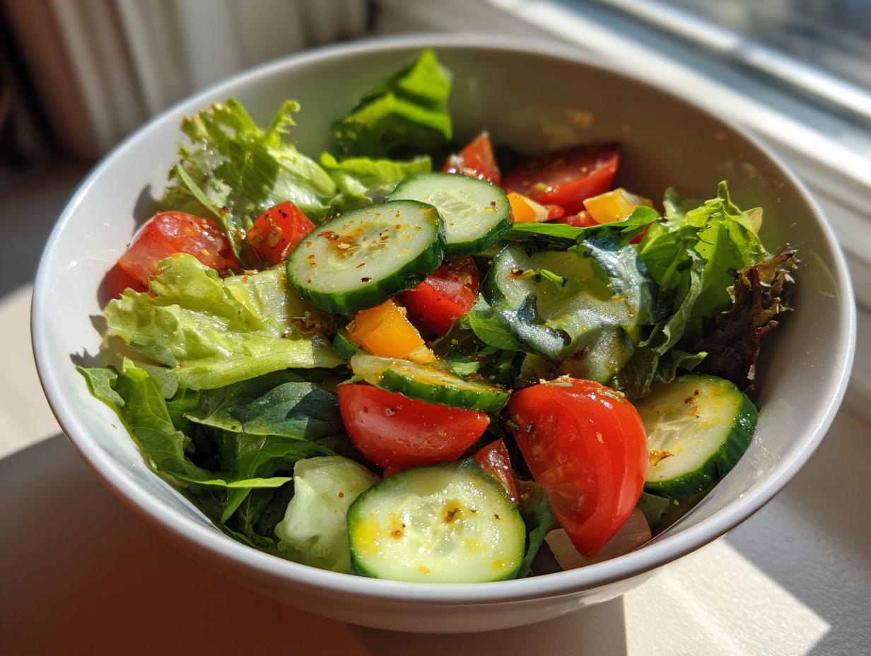 Bowl of fresh salad with cucumber, tomato, lettuce, and bell pepper for easy salad recipes