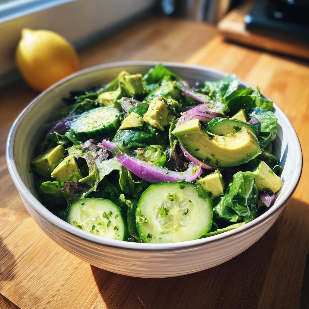 Bowl of healthy salad recipes with avocado, cucumber, red onion, and leafy greens.