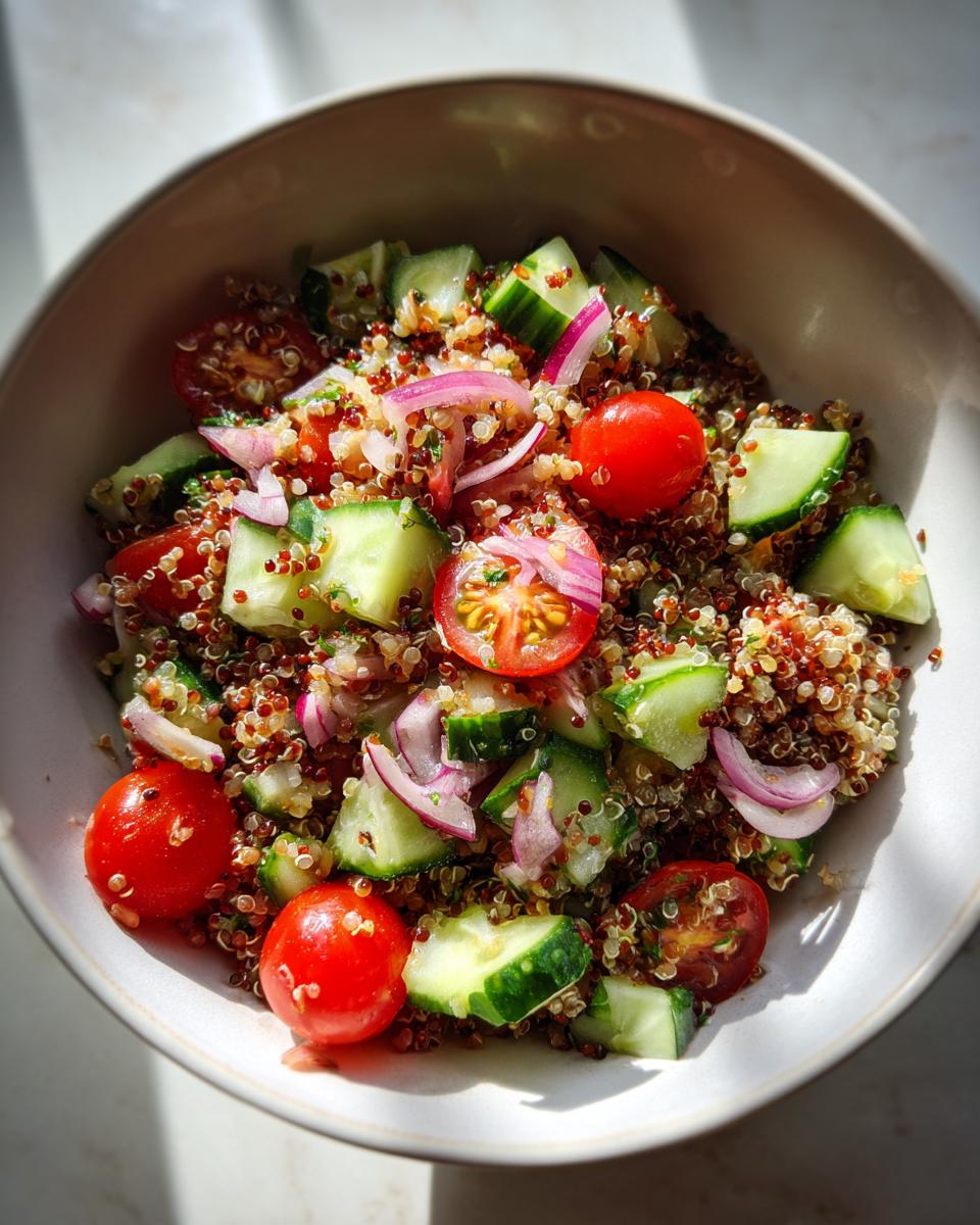 Quinoa bowl recipes featuring quinoa mixed with cherry tomatoes, cucumber chunks, and red onion slices.