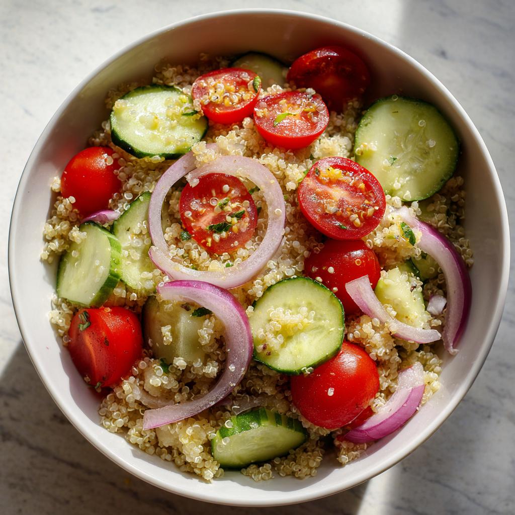 Quinoa bowl recipes with cherry tomatoes, cucumber slices, and red onion in a white bowl