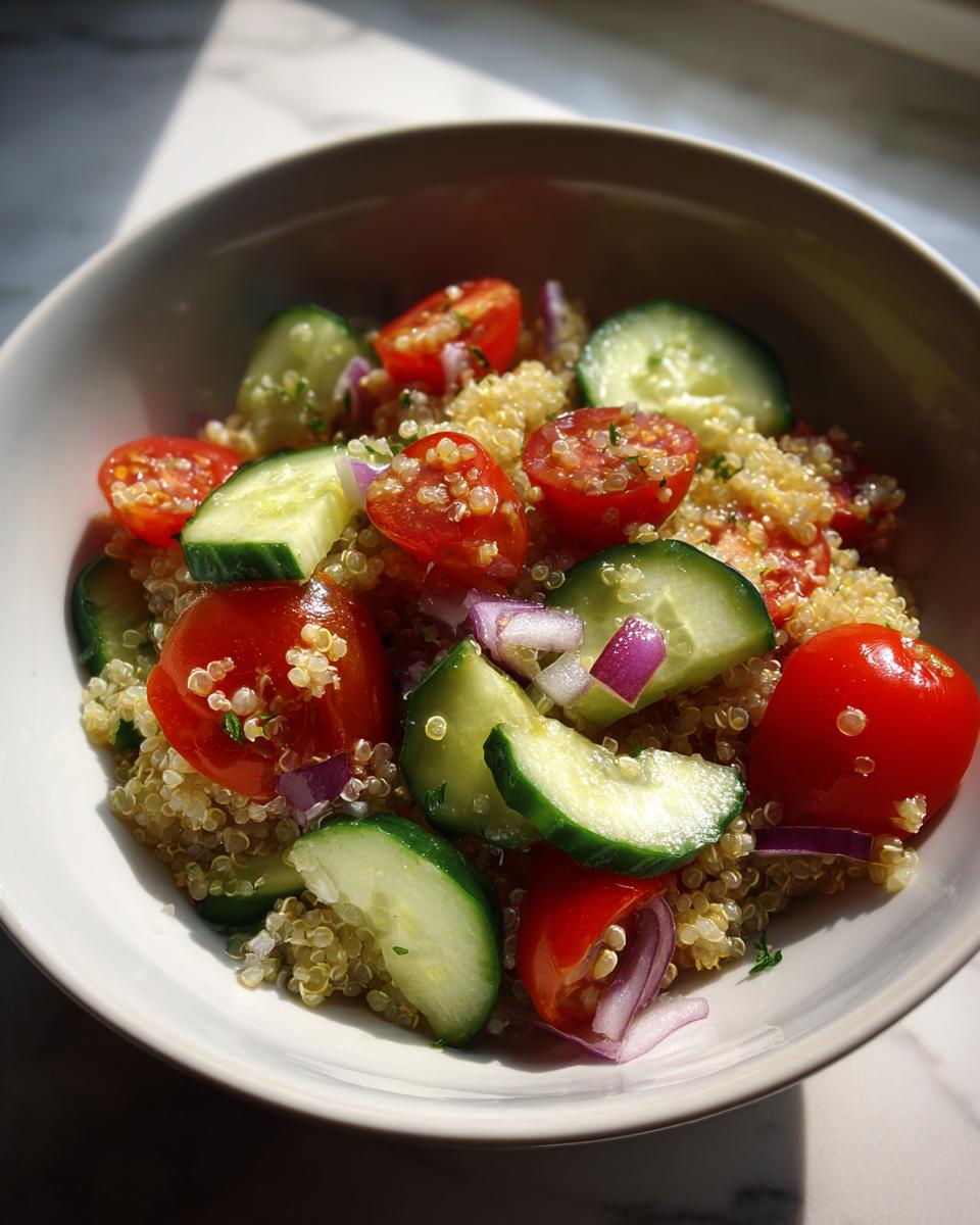 Quinoa bowl with cherry tomatoes, cucumber slices, and red onion in a white bowl.