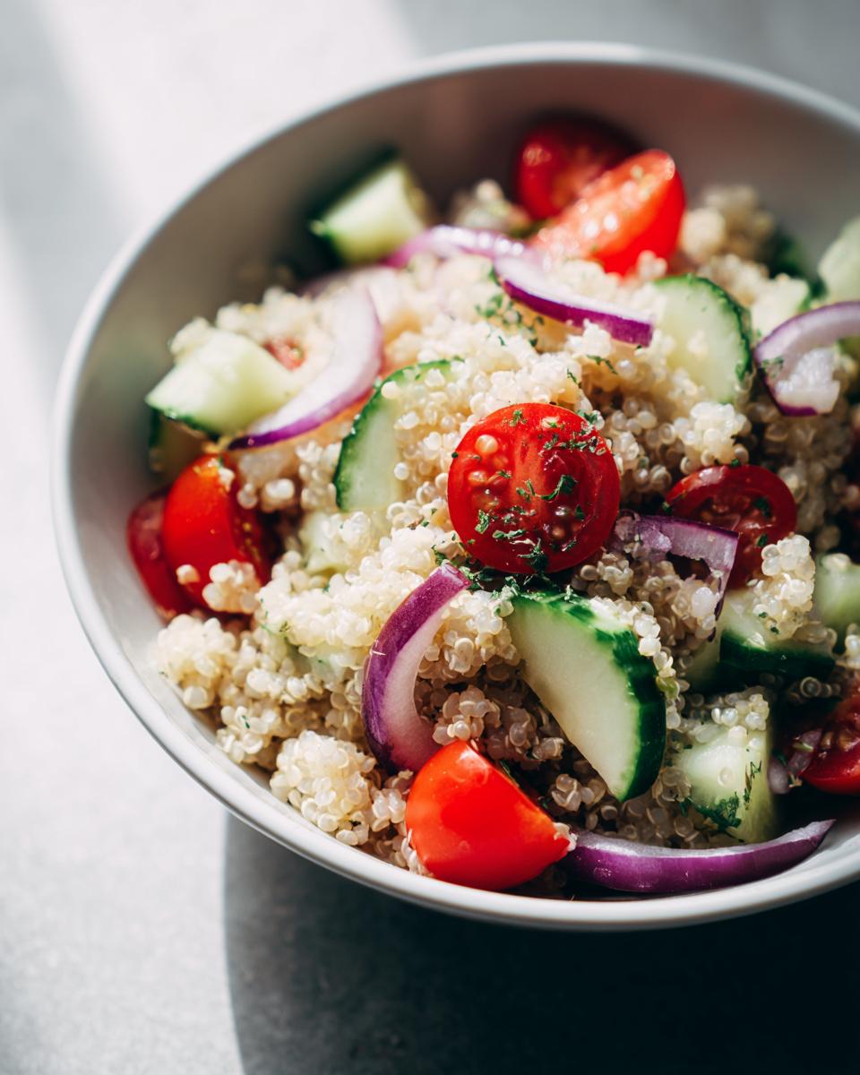 Close-up of a quinoa bowl with cherry tomatoes, cucumber slices, and red onion