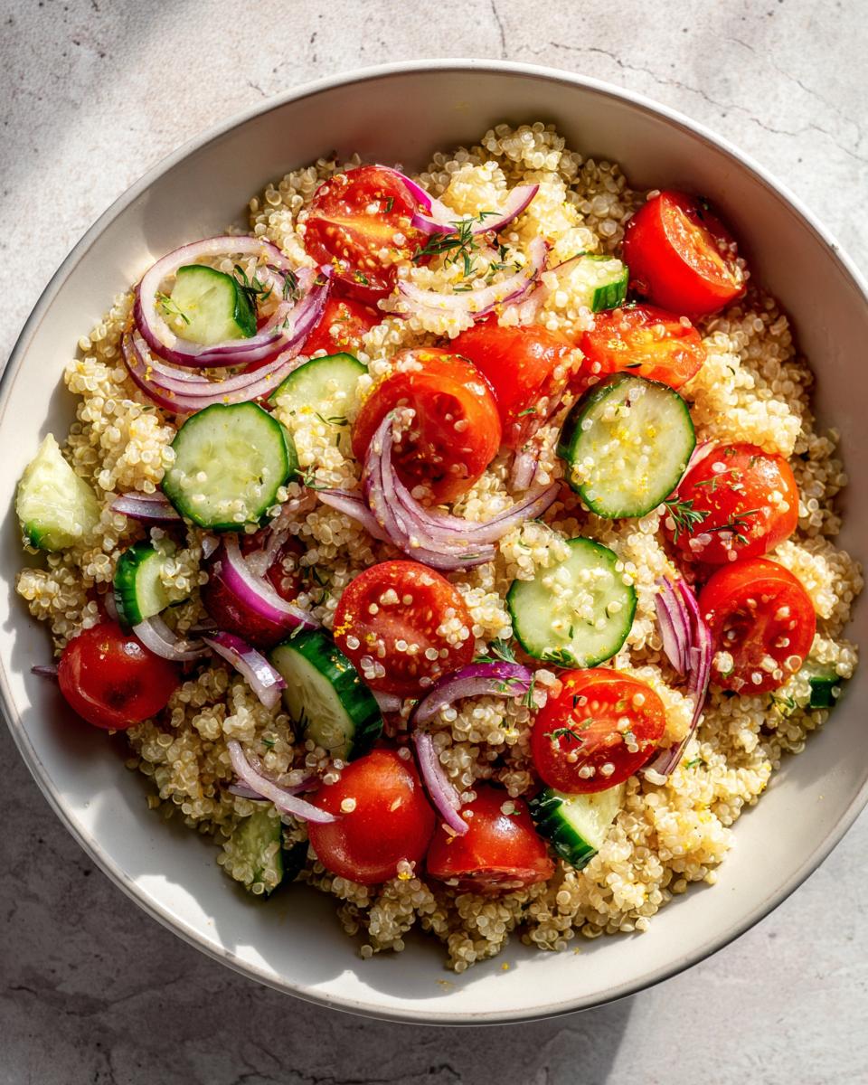 Quinoa bowl recipes featuring quinoa with cherry tomatoes, cucumber slices, and red onion.