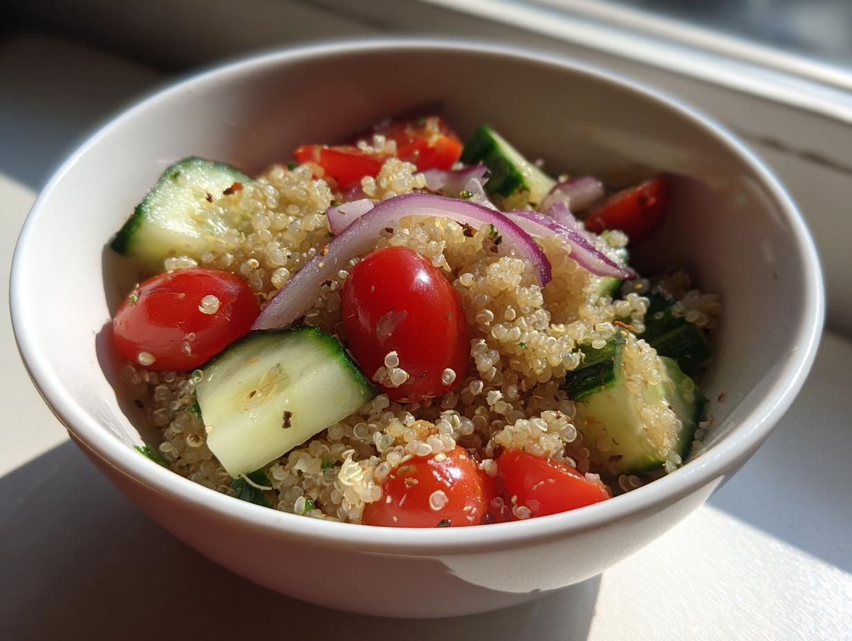 Quinoa bowl recipes with cherry tomatoes, cucumber, and red onion in a white bowl.