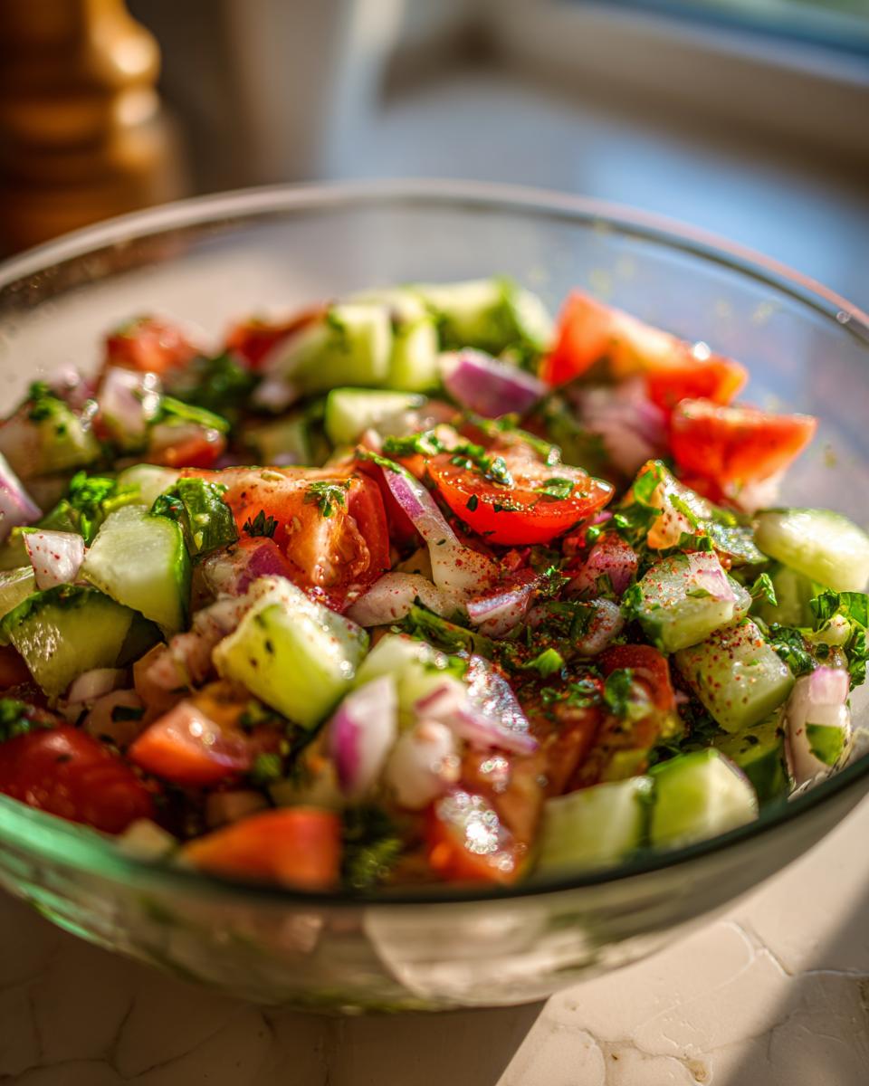 Colorful simple iftar salad ideas with cucumbers, tomatoes, onions, and herbs in a glass bowl.