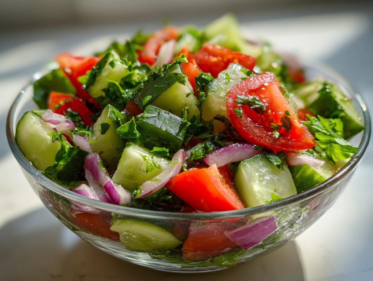 Glass bowl filled with fresh simple iftar salad ideas including tomatoes, cucumbers, red onions, and parsley.
