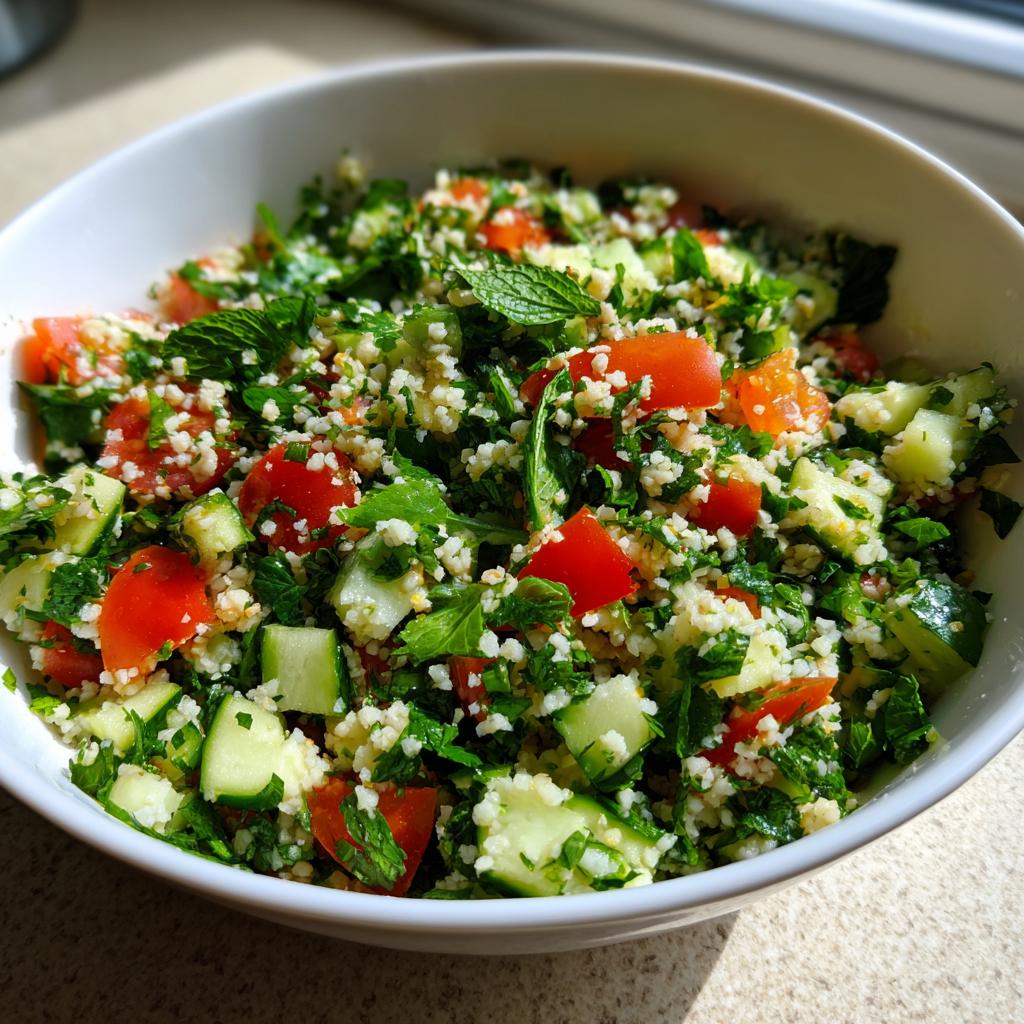 Bowl of colorful tabbouleh salad for iftar with tomatoes, cucumbers, parsley, and bulgur wheat.