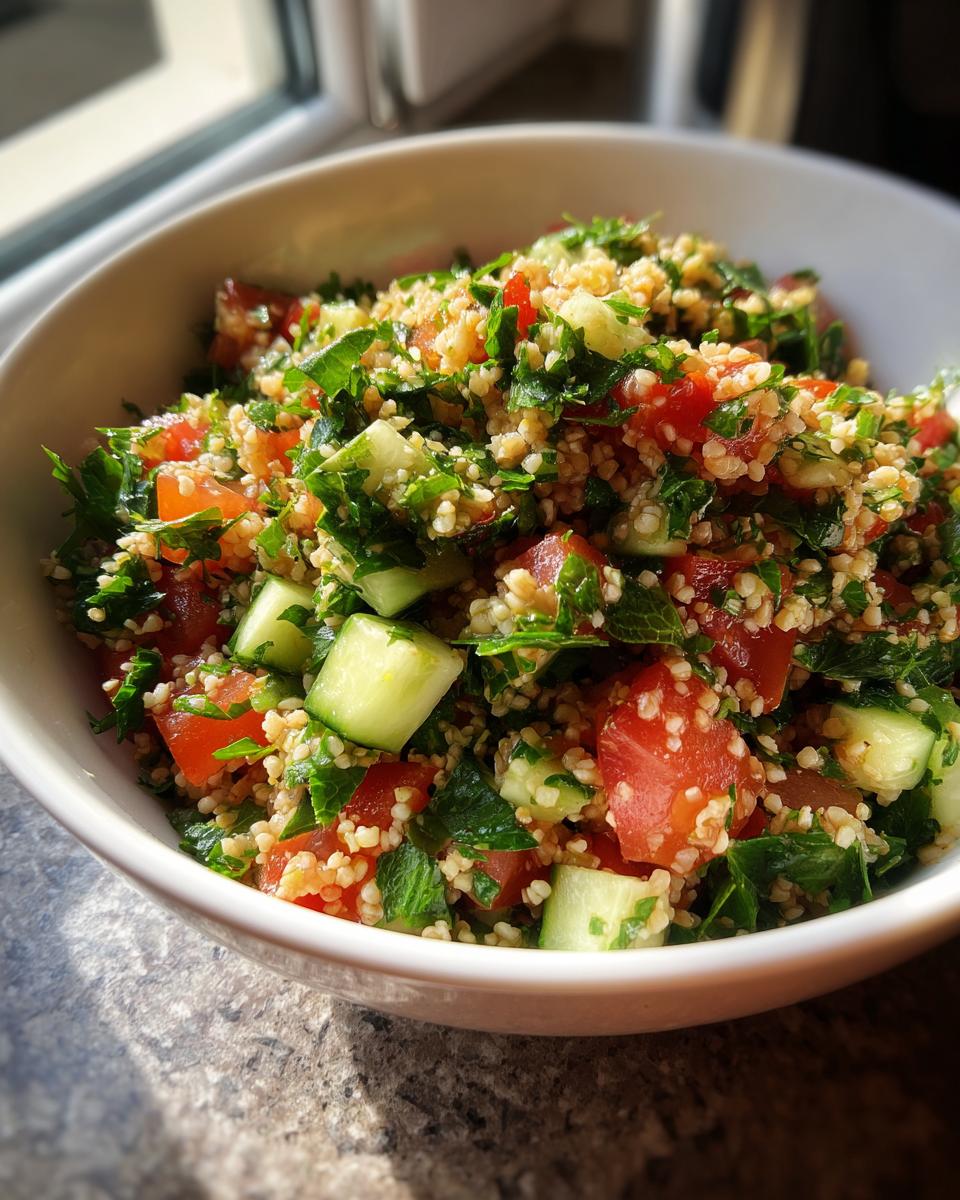 Close-up of a bowl of tabbouleh salad for iftar with parsley, tomatoes, cucumbers, and bulgur wheat.