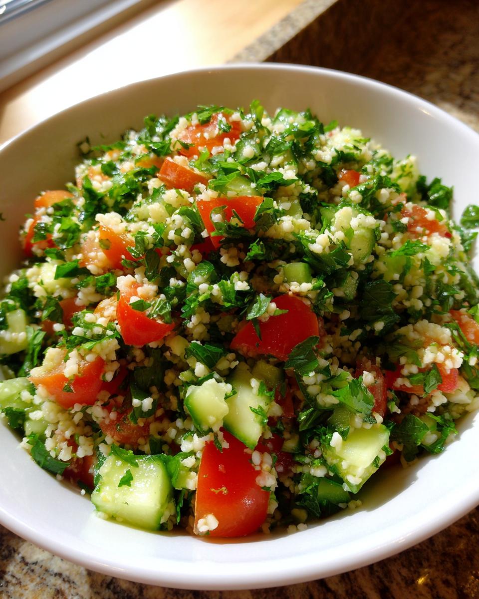 Close-up of tabbouleh salad for iftar with parsley, tomatoes, cucumbers, and bulgur wheat in a white bowl.