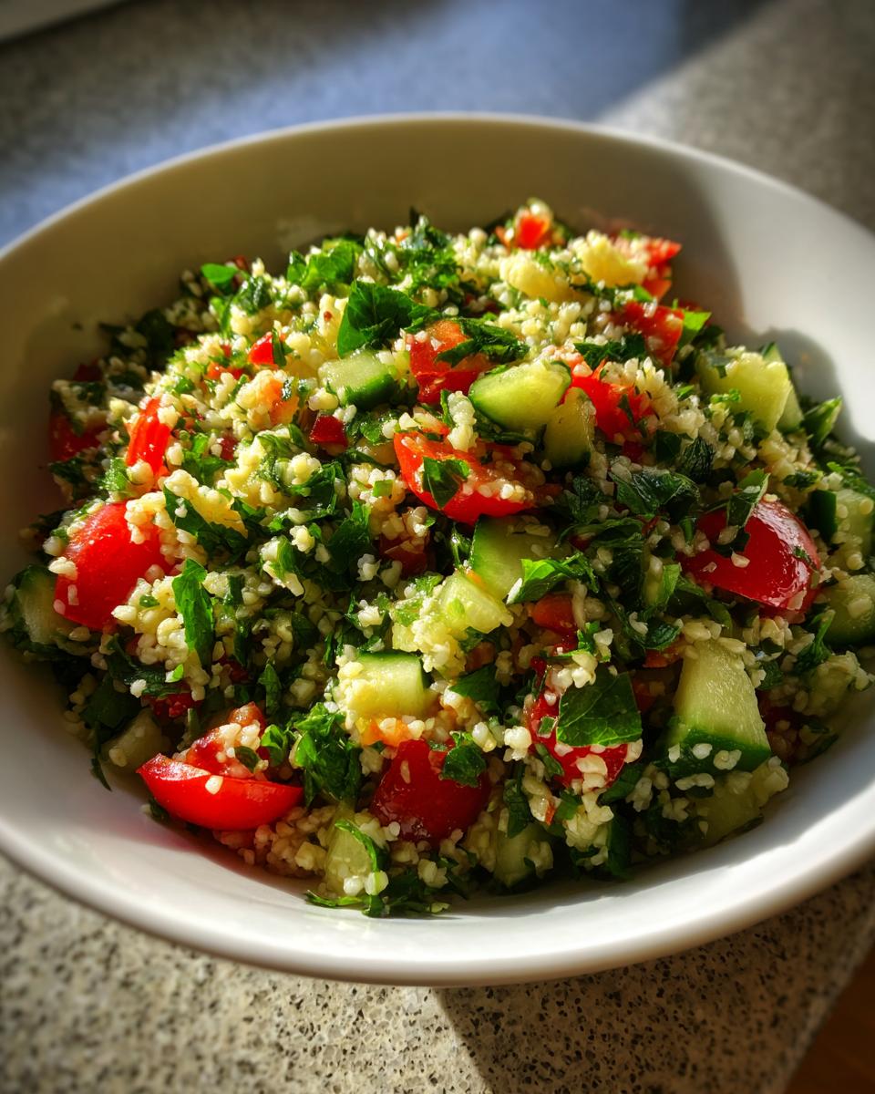 Bowl of fresh tabbouleh salad for iftar with parsley, tomatoes, cucumbers, and bulgur wheat