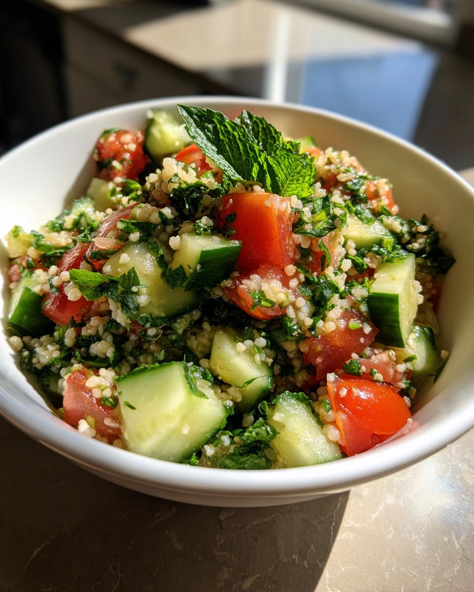 Close-up of tabbouleh salad for iftar with cucumbers, tomatoes, parsley, and bulgur wheat.