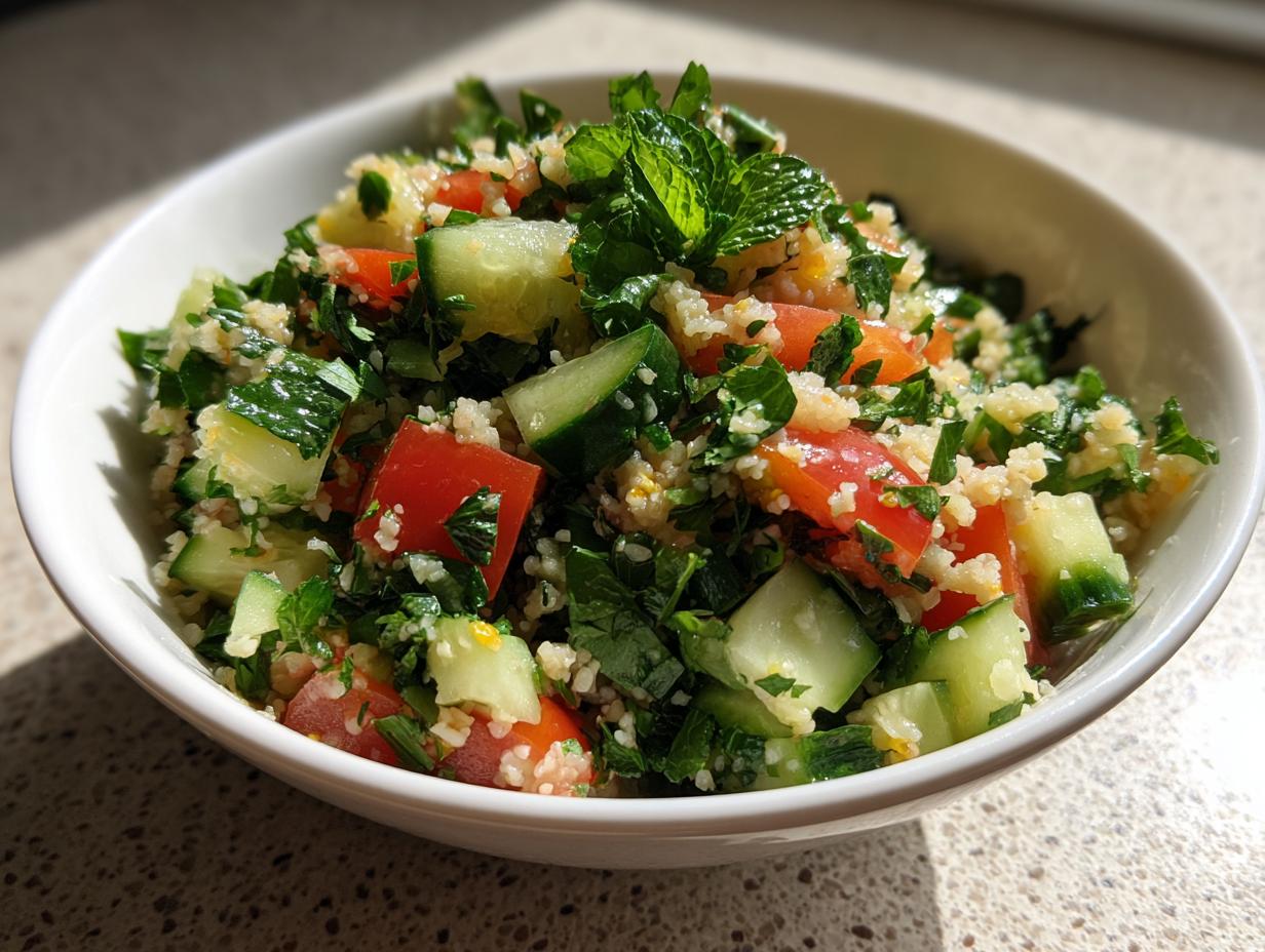 Bowl of fresh tabbouleh salad for iftar with parsley, cucumber, tomato, and bulgur wheat