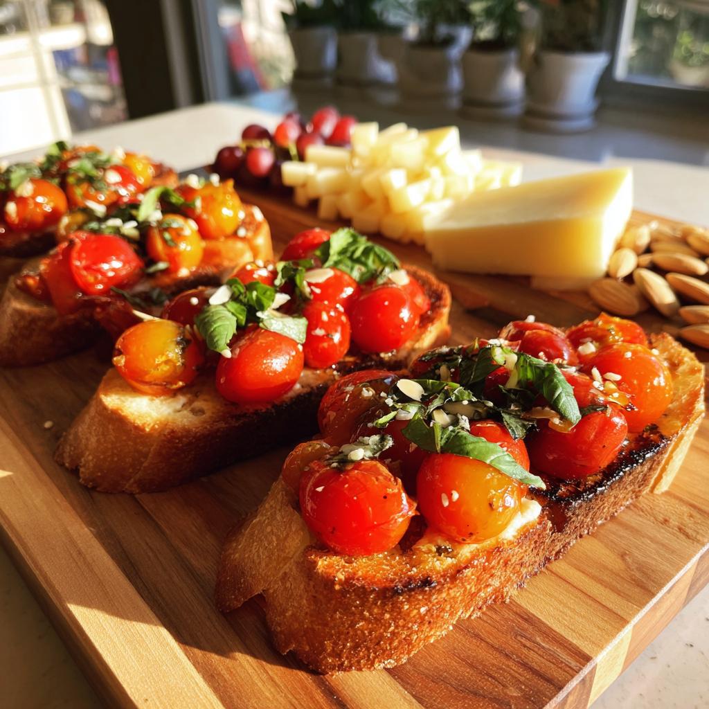 Close-up of toasted bread topped with cherry tomatoes and basil for valentines appetizers