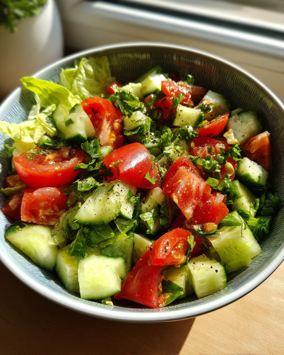 Bowl of fresh tomato and cucumber salad with herbs and lettuce for healthy iftar recipes for weight loss
