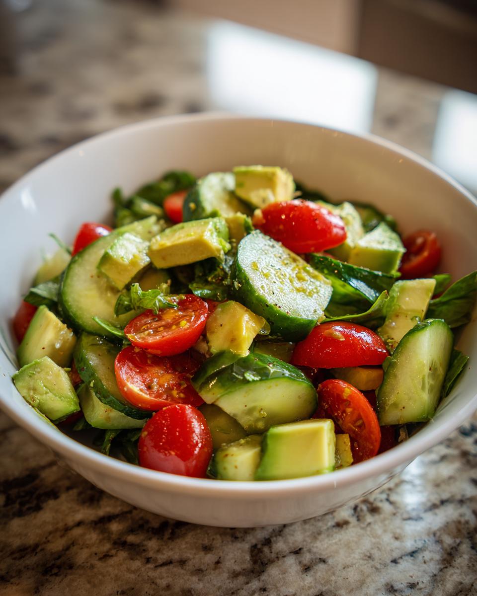 Bowl of fresh vegetable salad with cucumber, cherry tomatoes, avocado, and greens for easy lunch recipes.