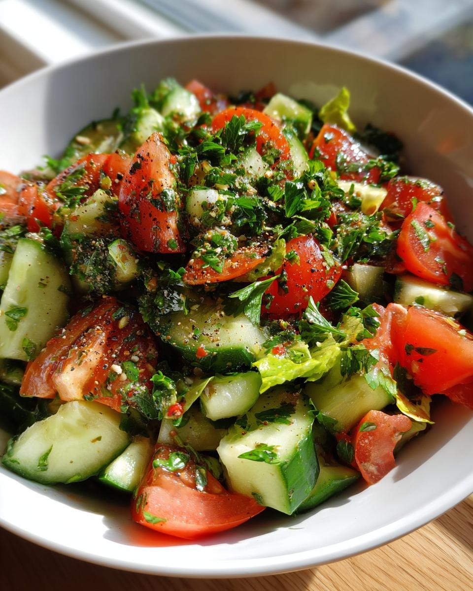 Bowl of fresh cucumber and tomato salad with herbs and spices for healthy iftar recipes for weight loss