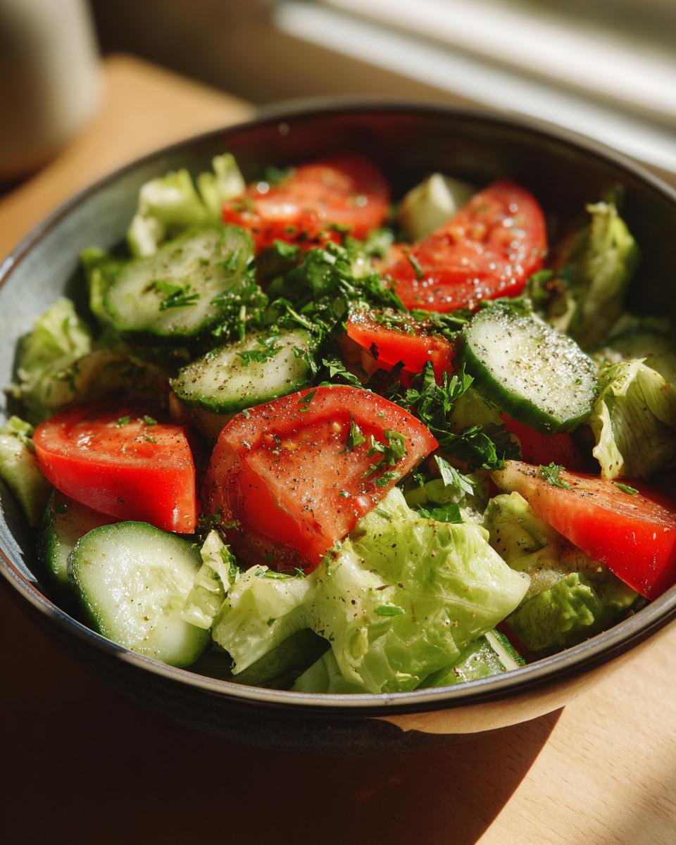Bowl of fresh salad with tomatoes, cucumbers, lettuce, and herbs for healthy iftar recipes for weight loss