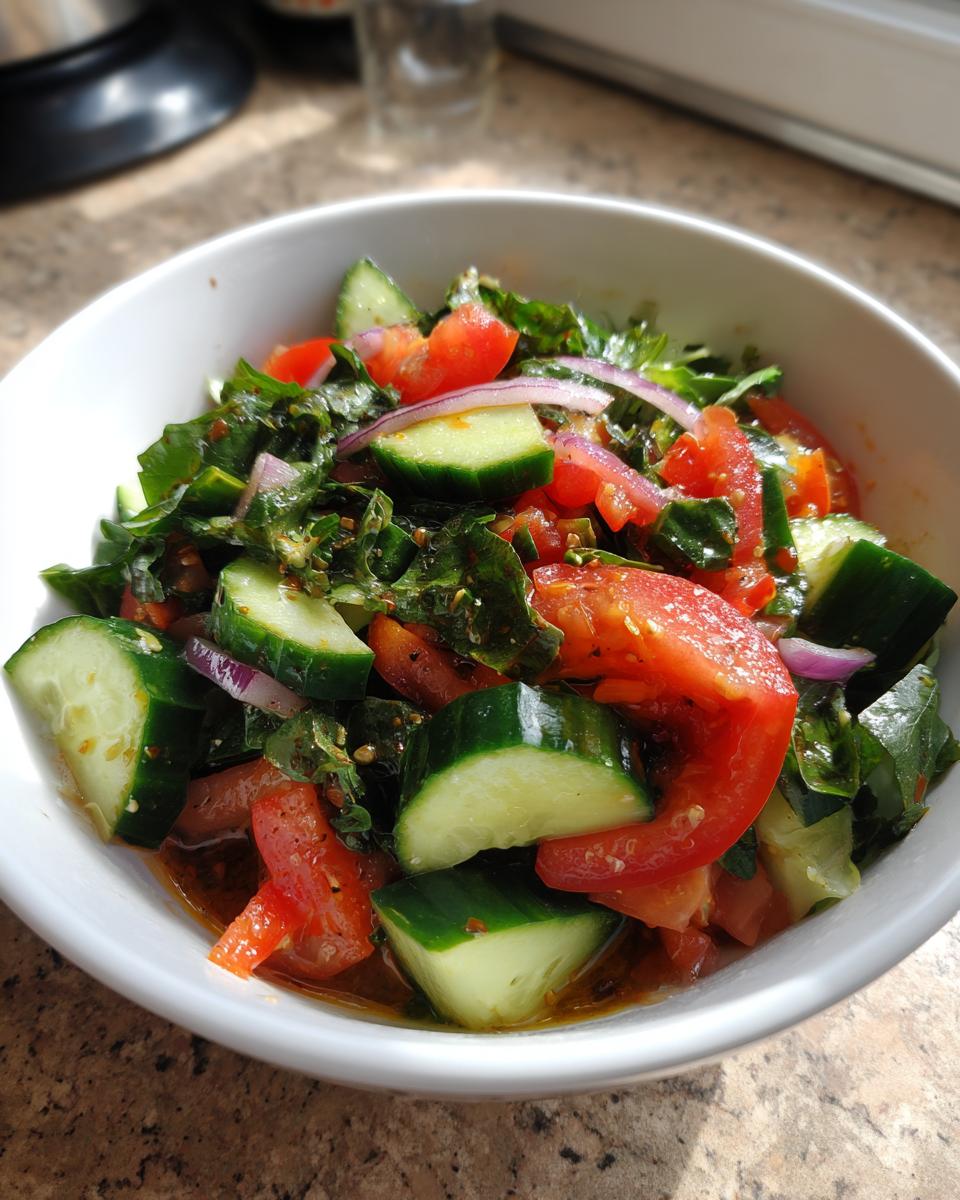 Bowl of weight loss salad with cucumber, tomato, red onion, and leafy greens.
