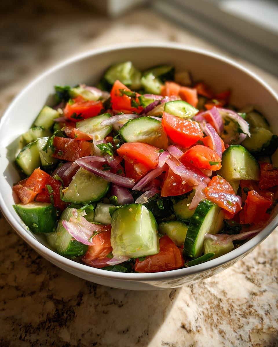 Bowl of fresh weight loss salad with cucumber, tomato, and red onion on a marble surface.