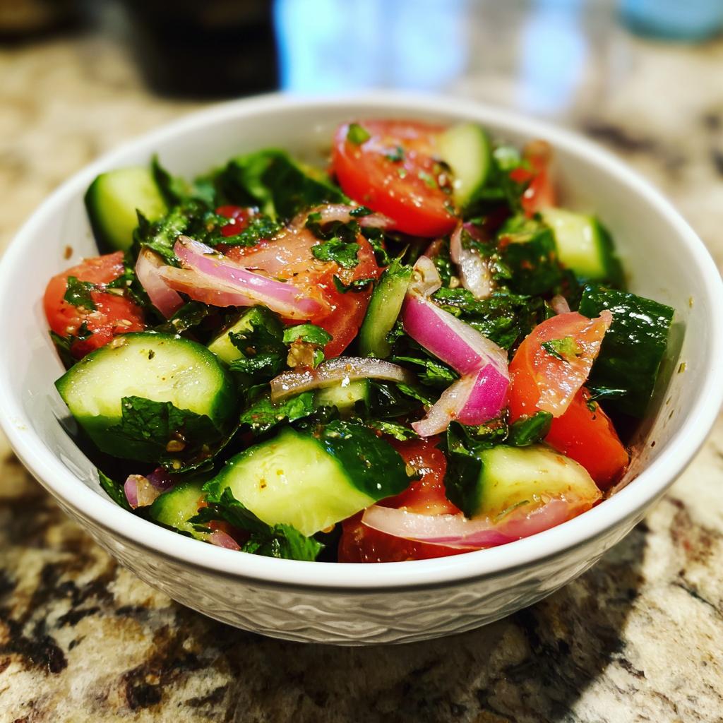 Bowl of weight loss salad with cucumbers, tomatoes, red onions, and herbs.