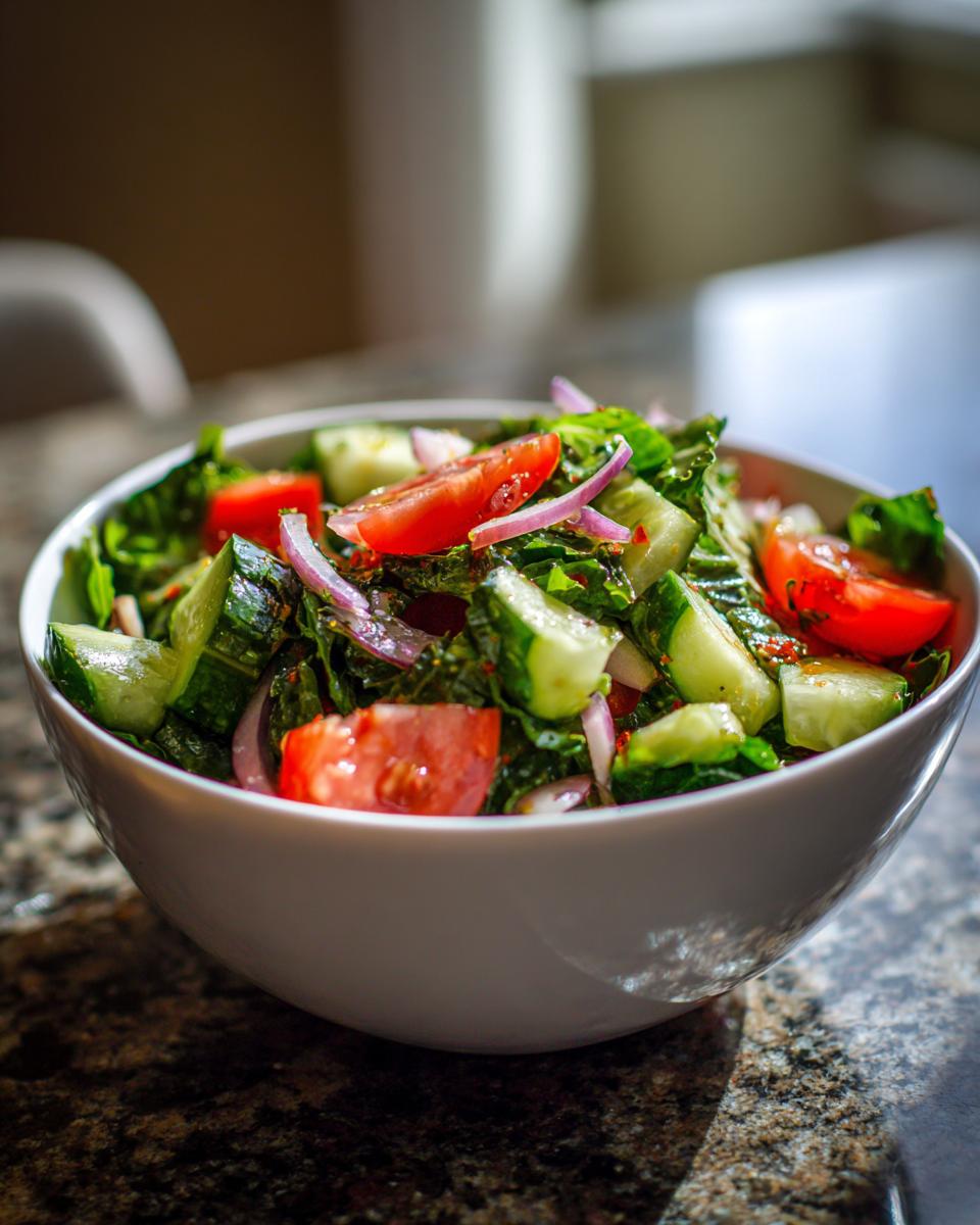 Bowl of weight loss salad with fresh tomatoes, cucumbers, red onions, and leafy greens.