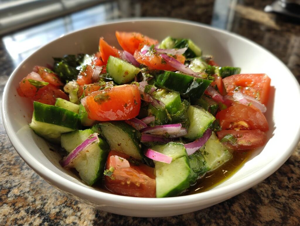 Bowl of weight loss salad with chopped tomatoes, cucumbers, red onions, and herbs in dressing