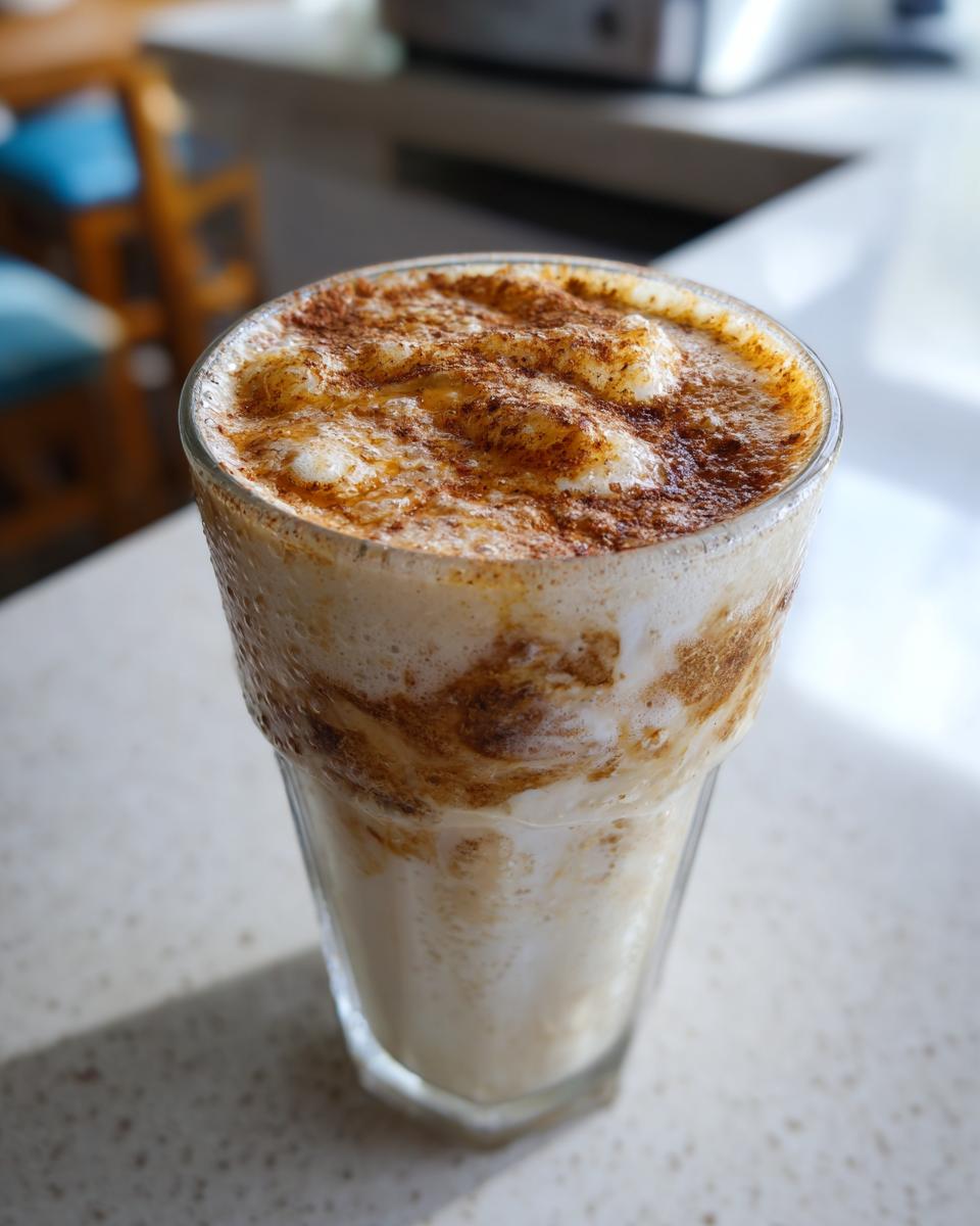 Glass filled with frothy date and banana smoothie suhoor topped with cinnamon powder.