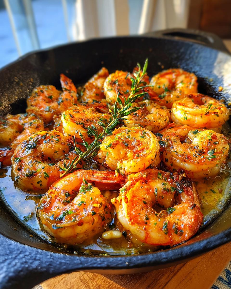 Sautéed garlic herb shrimp cooked in a cast iron skillet with fresh rosemary garnish.