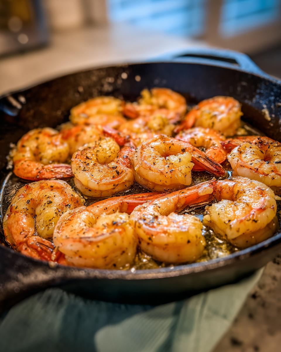 Cooked garlic shrimp sizzling in a cast iron skillet with herbs and seasoning
