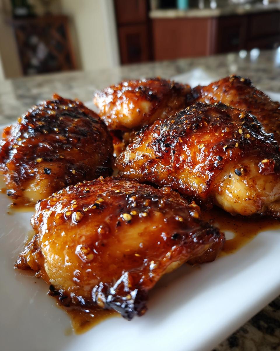 Close-up of glazed baked chicken thighs with a crispy, caramelized coating on a white plate.