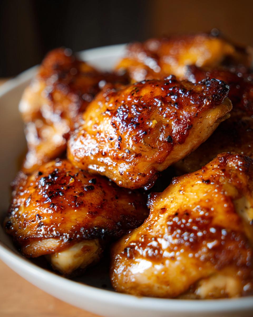 Close-up of glazed baked chicken thighs with a crispy, caramelized skin in a bowl.