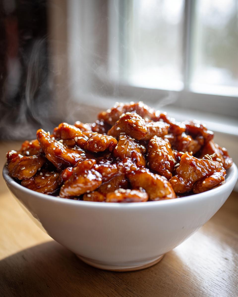 Bowl of steaming glazed chicken pieces sprinkled with sesame seeds, a slow cooker recipe