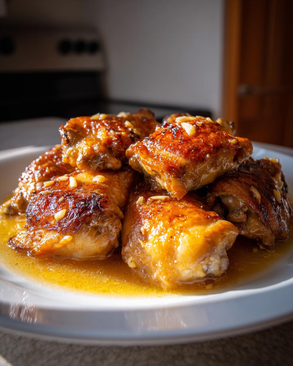 Plate of glazed chicken thighs with garlic in sauce, perfect for slow cooker iftar chicken recipes.