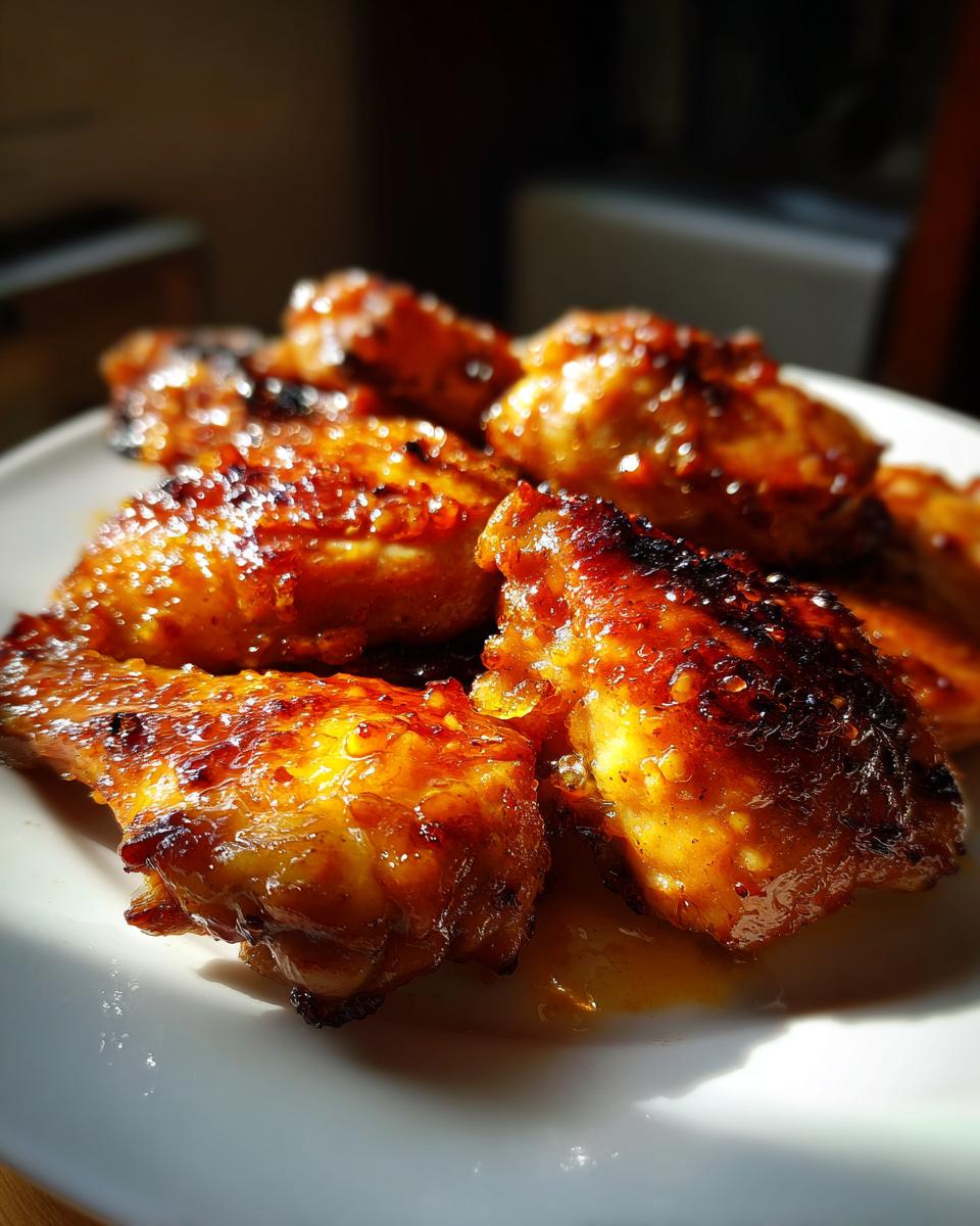 Close-up of glazed chicken wings cooked to golden brown on a white plate, perfect chicken dinner ideas