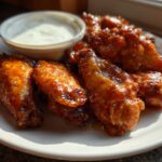 Plate of glazed chicken wings with a side of creamy dipping sauce, perfect super bowl appetizers